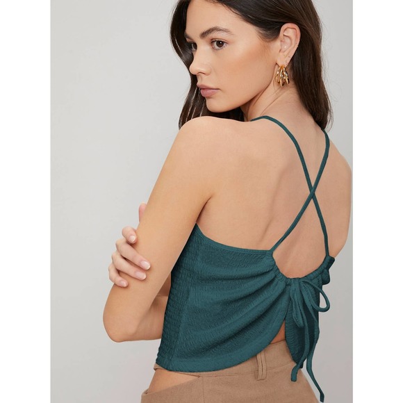 ruched SMOCKED DRAWSTRING backless CAMI crop TOP black - Picture 9 of 11